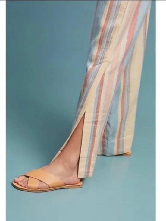 NWT Anthropologie Beachy Wide-Leg Pants w Belt Size 4 Yellow Blue Linen Pockets - Picture 5 of 16